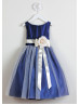 A-line Satin Tulle Knee Length Flower Girl Dress With Flower Sash